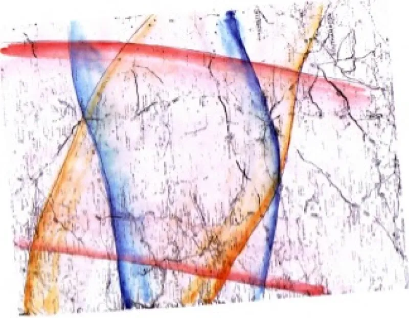 Picture 4a.  Wiltshire - deep telluric currents LHS and Medium currents RHS - Red: polar current. Blue: Mexican current.  Orange: European current.